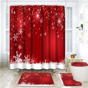 4 Pcs Shower Curtain Christmas Snowflake Red Winter |  Bath Mat Bathroom Decor